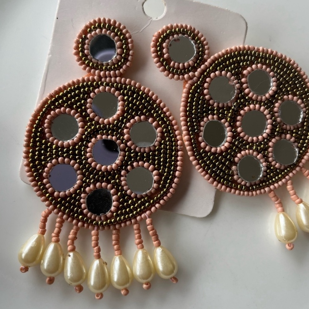 Indian Artisan Beaded Mirror Earrings - Picture 2 of 2